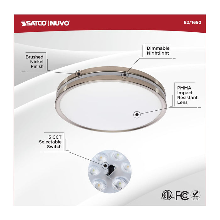 Flush Mount Nuvo 62-1692 15 Inch Surface Mount with Night Light - 5 CCT Selectable - Brushed Nickel Finish Nuvo