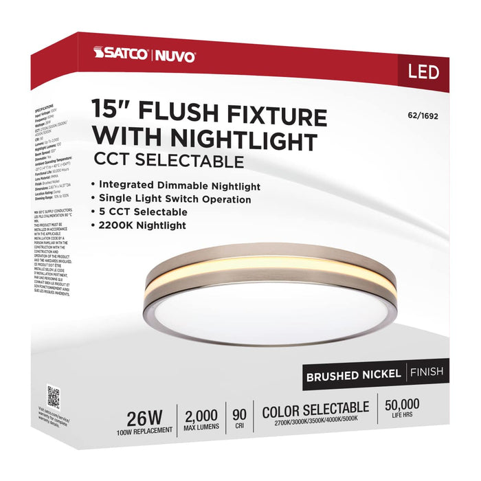 Flush Mount Nuvo 62-1692 15 Inch Surface Mount with Night Light - 5 CCT Selectable - Brushed Nickel Finish Nuvo