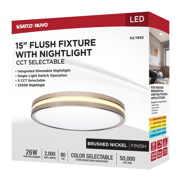 Flush Mount Nuvo 62-1692 15 Inch Surface Mount with Night Light - 5 CCT Selectable - Brushed Nickel Finish Nuvo
