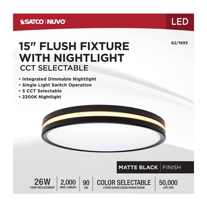 Flush Mount Nuvo 62-1693 15 Inch Surface Mount with Night Light - 5 CCT Selectable - Matte Black Finish Nuvo