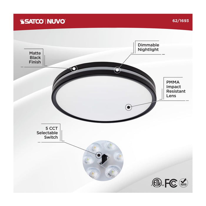 Flush Mount Nuvo 62-1693 15 Inch Surface Mount with Night Light - 5 CCT Selectable - Matte Black Finish Nuvo