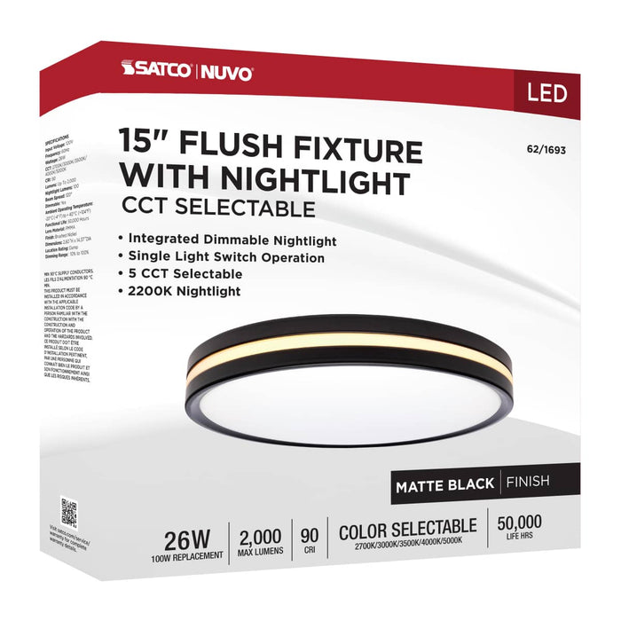 Flush Mount Nuvo 62-1693 15 Inch Surface Mount with Night Light - 5 CCT Selectable - Matte Black Finish Nuvo