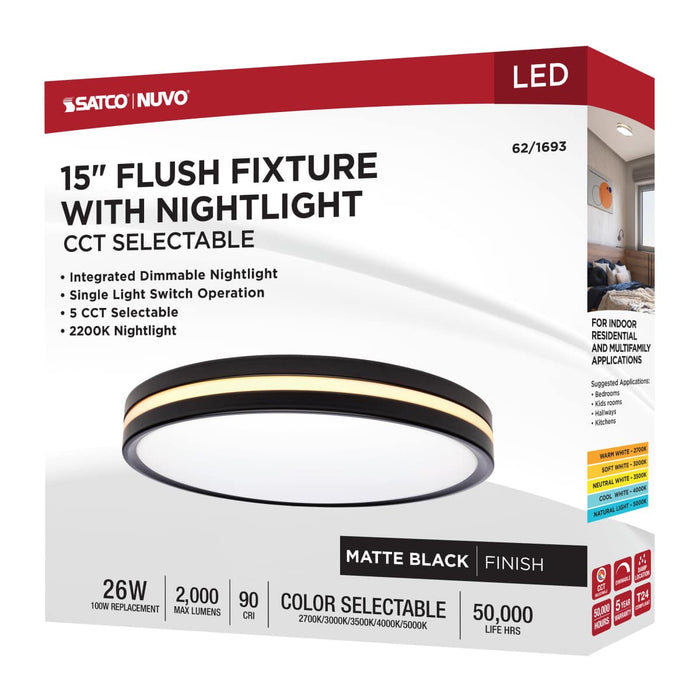 Flush Mount Nuvo 62-1693 15 Inch Surface Mount with Night Light - 5 CCT Selectable - Matte Black Finish Nuvo