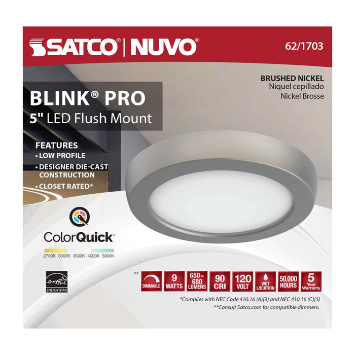 Flush Mount Nuvo 62-1703 Blink Pro - 9W - 5in - LED Fixture - CCT Selectable - Round Shape - Brushed Nickel Finish - 120V Nuvo