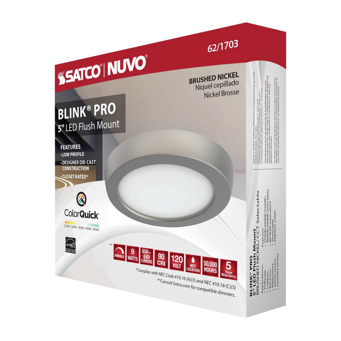 Flush Mount Nuvo 62-1703 Blink Pro - 9W - 5in - LED Fixture - CCT Selectable - Round Shape - Brushed Nickel Finish - 120V Nuvo