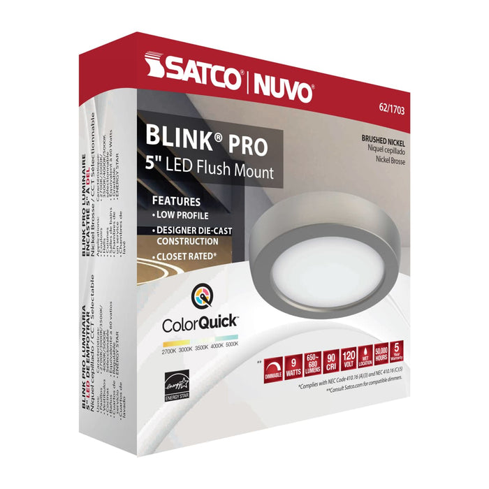 Flush Mount Nuvo 62-1703 Blink Pro - 9W - 5in - LED Fixture - CCT Selectable - Round Shape - Brushed Nickel Finish - 120V Nuvo