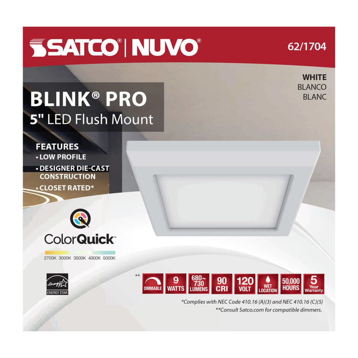 Flush Mount Nuvo 62-1704 Blink Pro - 9W - 5in - LED Fixture - CCT Selectable - Square Shape - White Finish - 120V Nuvo