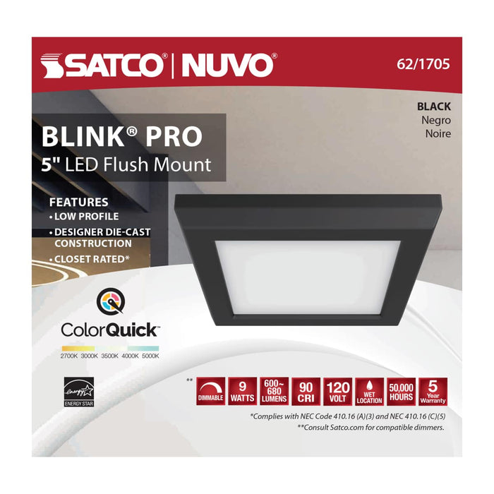 Flush Mount Nuvo 62-1705 Blink Pro - 9W - 5in - LED Fixture - CCT Selectable - Square Shape - Black Finish - 120V Nuvo