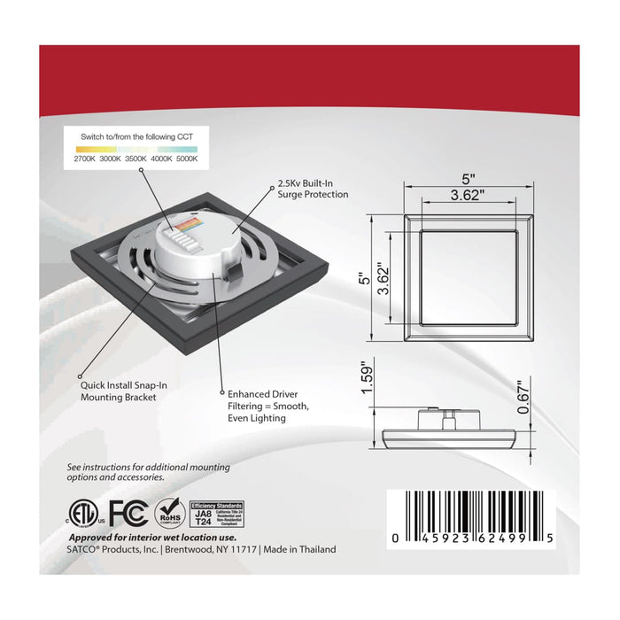 Flush Mount Nuvo 62-1705 Blink Pro - 9W - 5in - LED Fixture - CCT Selectable - Square Shape - Black Finish - 120V Nuvo