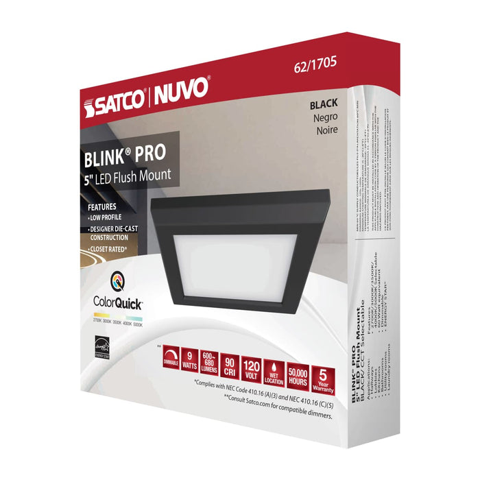 Flush Mount Nuvo 62-1705 Blink Pro - 9W - 5in - LED Fixture - CCT Selectable - Square Shape - Black Finish - 120V Nuvo