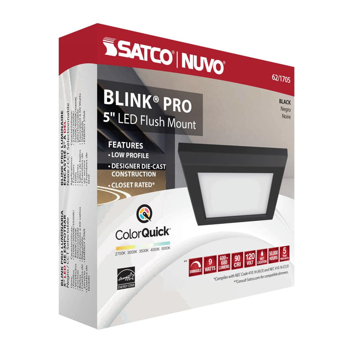 Flush Mount Nuvo 62-1705 Blink Pro - 9W - 5in - LED Fixture - CCT Selectable - Square Shape - Black Finish - 120V Nuvo