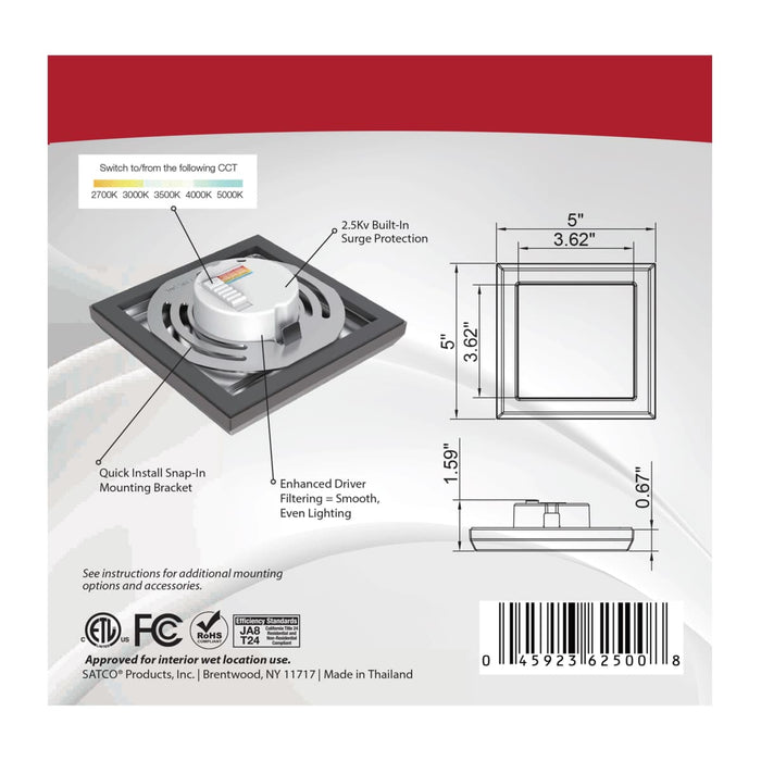 Flush Mount Nuvo 62-1706 Blink Pro - 9W - 5in - LED Fixture - CCT Selectable - Square Shape - Bronze Finish - 120V Nuvo