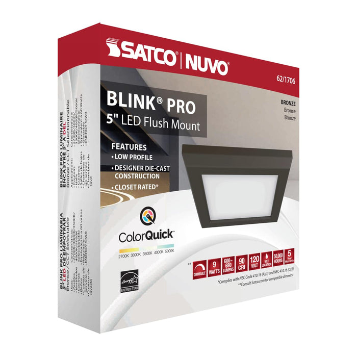 Flush Mount Nuvo 62-1706 Blink Pro - 9W - 5in - LED Fixture - CCT Selectable - Square Shape - Bronze Finish - 120V Nuvo