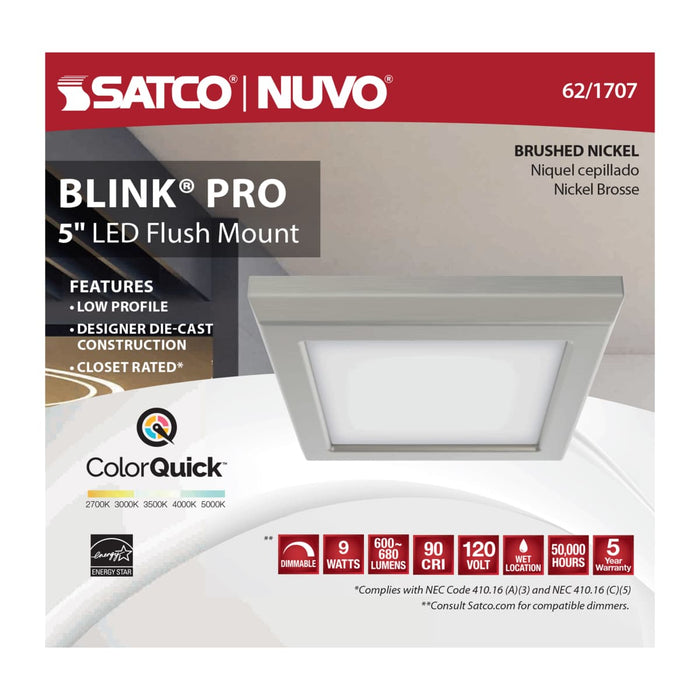 Flush Mount Nuvo 62-1707 Blink Pro - 9W - 5in - LED Fixture - CCT Selectable - Square Shape - Brushed Nickel Finish - 120V Nuvo