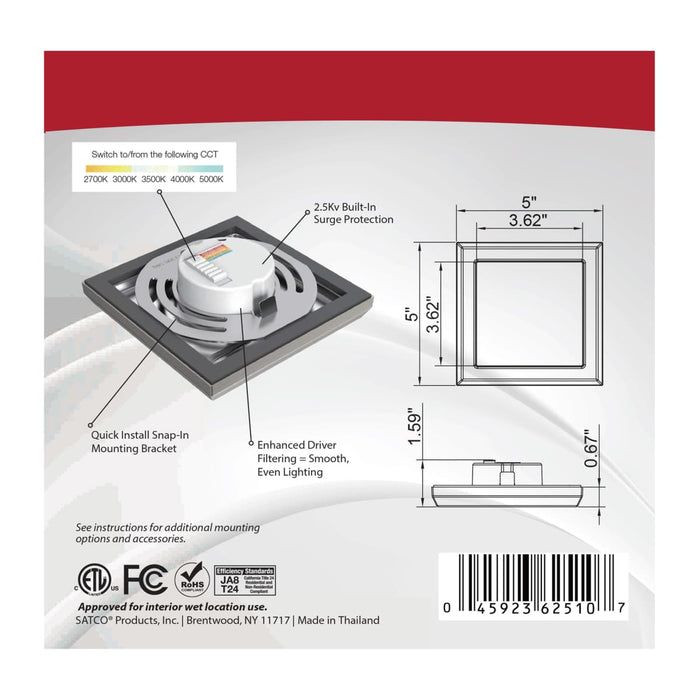 Flush Mount Nuvo 62-1707 Blink Pro - 9W - 5in - LED Fixture - CCT Selectable - Square Shape - Brushed Nickel Finish - 120V Nuvo