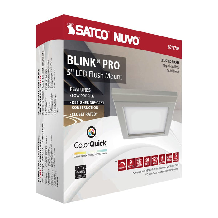 Flush Mount Nuvo 62-1707 Blink Pro - 9W - 5in - LED Fixture - CCT Selectable - Square Shape - Brushed Nickel Finish - 120V Nuvo