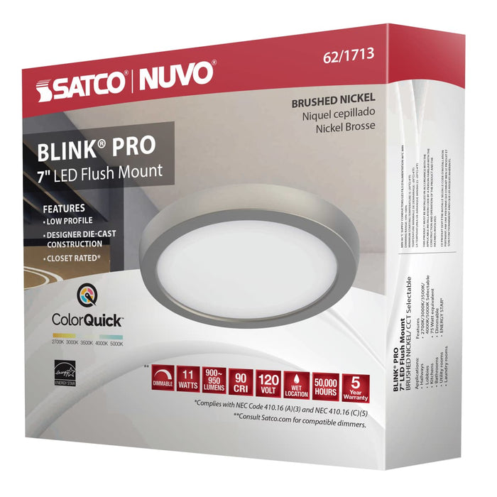 Flush Mount Nuvo 62-1713 Blink Pro - 11W - 7in - LED Fixture - CCT Selectable - Round Shape - Brushed Nickel Finish - 120V Nuvo