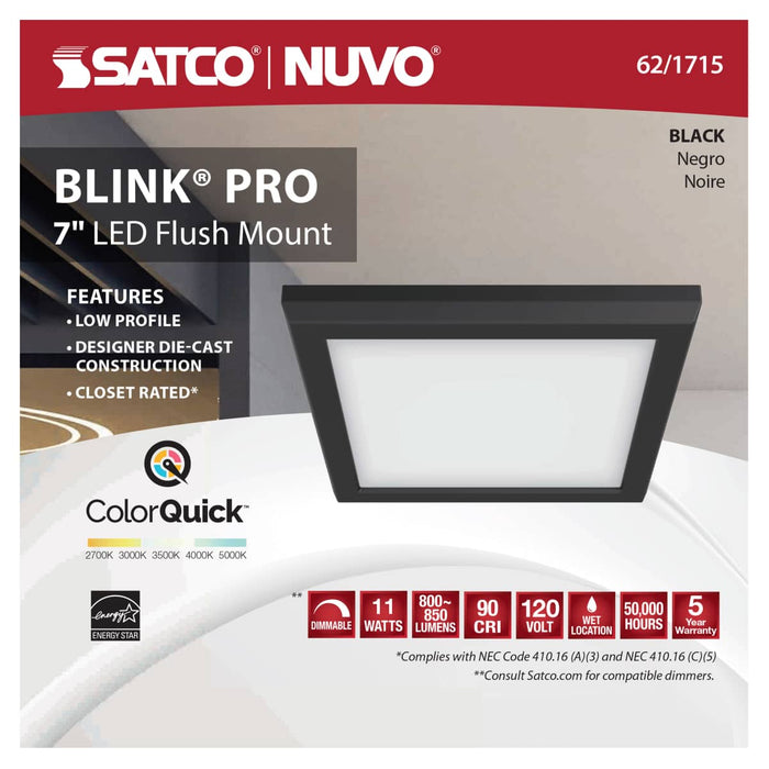 Flush Mount Nuvo 62-1715 Blink Pro - 11W - 7in - LED Fixture - CCT Selectable - Square Shape - Black Finish - 120V Nuvo