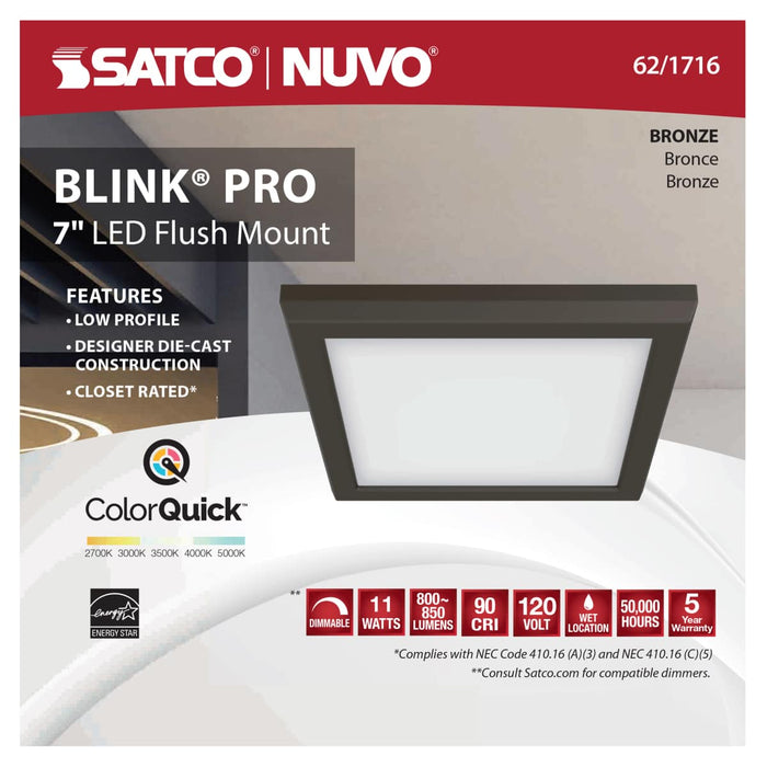 Flush Mount Nuvo 62-1716 Blink Pro - 11W - 7in - LED Fixture - CCT Selectable - Square Shape - Bronze Finish - 120V Nuvo