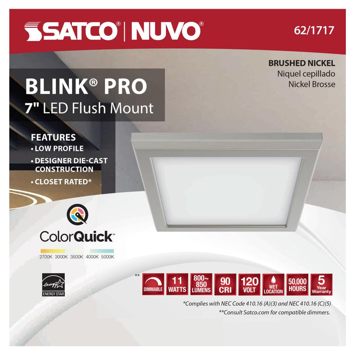 Flush Mount Nuvo 62-1717 Blink Pro - 11W - 7in - LED Fixture - CCT Selectable - Square Shape - Brushed Nickel Finish - 120V Nuvo