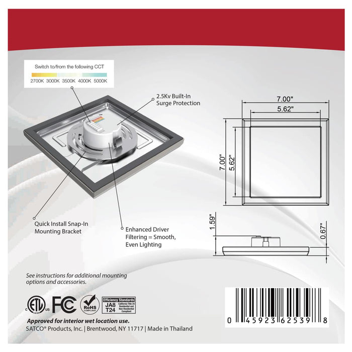 Flush Mount Nuvo 62-1717 Blink Pro - 11W - 7in - LED Fixture - CCT Selectable - Square Shape - Brushed Nickel Finish - 120V Nuvo