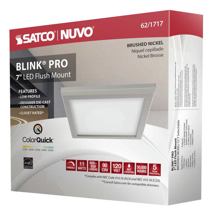 Flush Mount Nuvo 62-1717 Blink Pro - 11W - 7in - LED Fixture - CCT Selectable - Square Shape - Brushed Nickel Finish - 120V Nuvo