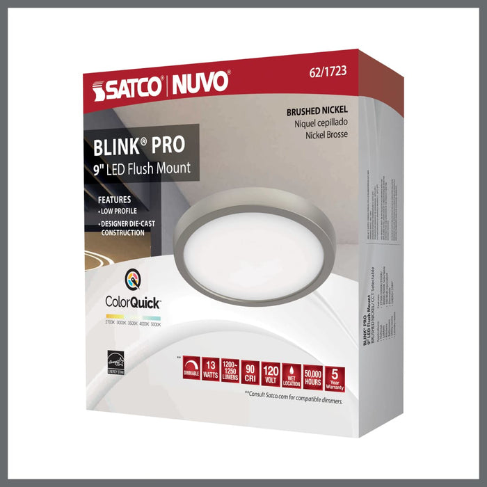 Flush Mount Nuvo 62-1723 Blink Pro - 13W - 9in - LED Fixture - CCT Selectable - Round Shape - Brushed Nickel Finish - 120V Nuvo