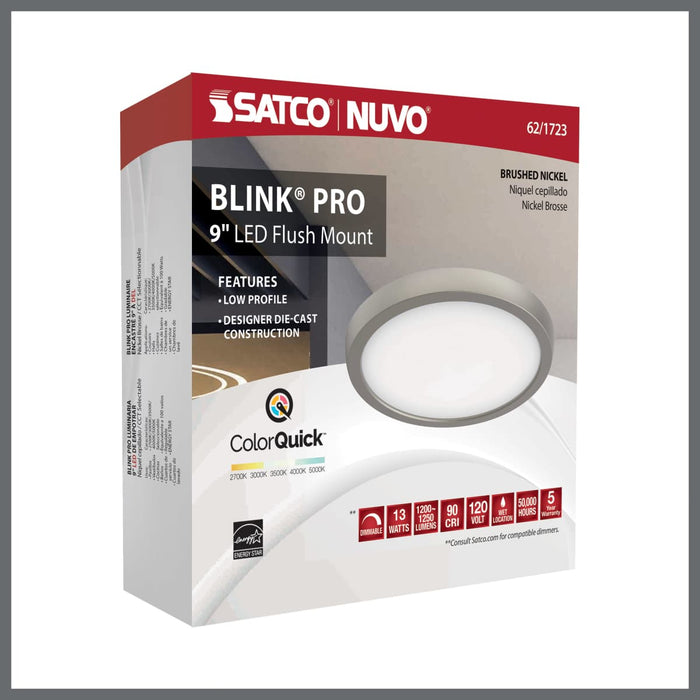 Flush Mount Nuvo 62-1723 Blink Pro - 13W - 9in - LED Fixture - CCT Selectable - Round Shape - Brushed Nickel Finish - 120V Nuvo