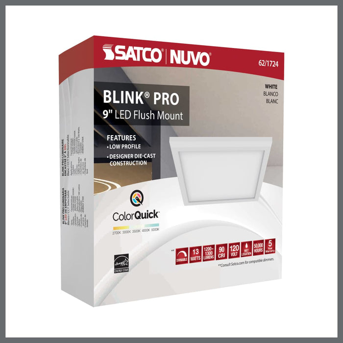 Flush Mount Nuvo 62-1724 Blink Pro - 13W - 9in - LED Fixture - CCT Selectable - Square Shape - White Finish - 120V Nuvo