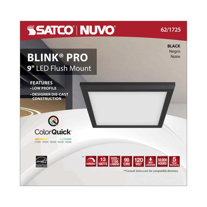 Flush Mount Nuvo 62-1725 Blink Pro - 13W - 9in - LED Fixture - CCT Selectable - Square Shape - Black Finish - 120V Nuvo