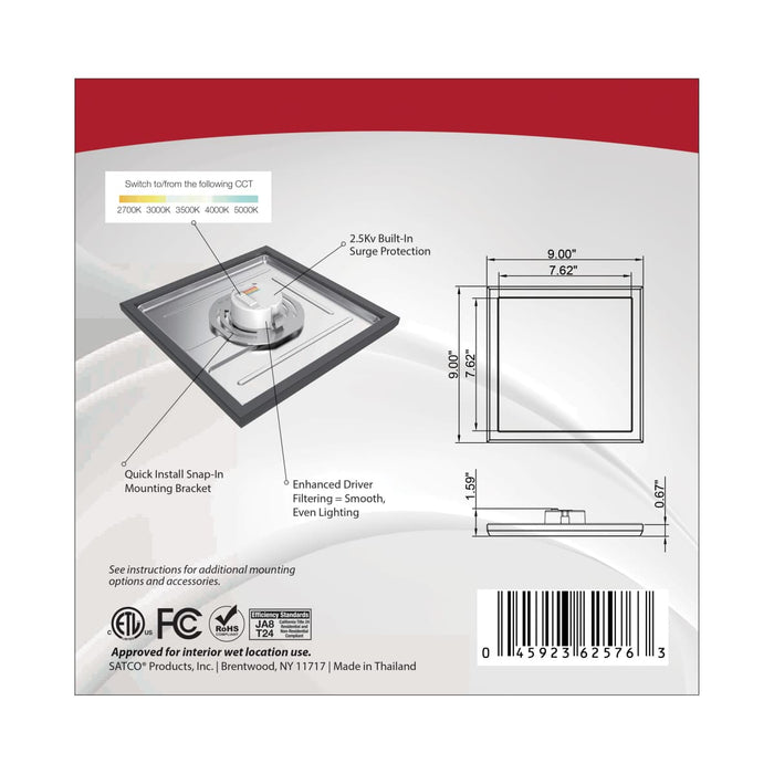 Flush Mount Nuvo 62-1725 Blink Pro - 13W - 9in - LED Fixture - CCT Selectable - Square Shape - Black Finish - 120V Nuvo