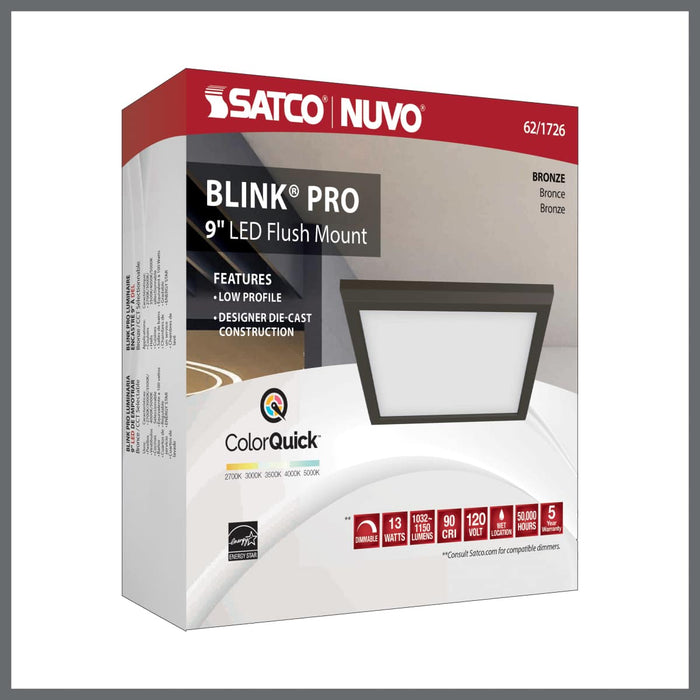 Flush Mount Nuvo 62-1726 Blink Pro - 13W - 9in - LED Fixture - CCT Selectable - Square Shape - Bronze Finish - 120V Nuvo