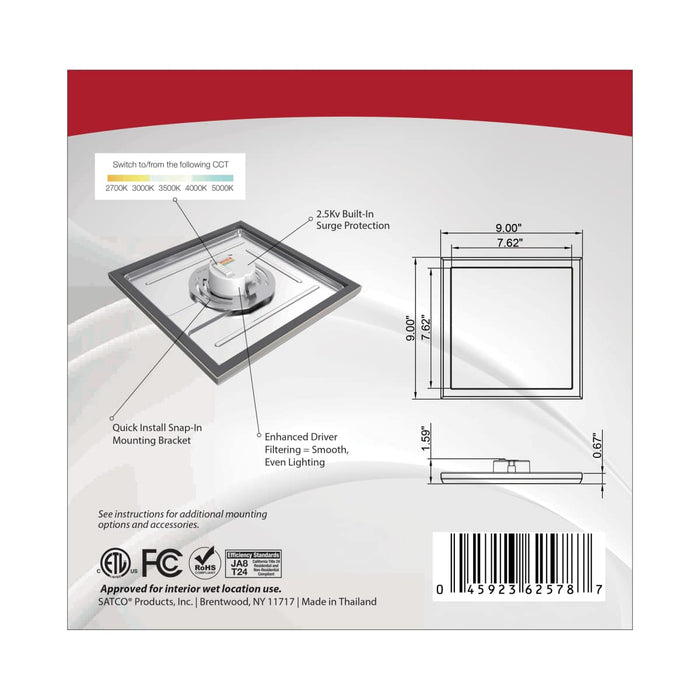 Flush Mount Nuvo 62-1727 Blink Pro - 13W - 9in - LED Fixture - CCT Selectable - Square Shape - Brushed Nickel Finish - 120V Nuvo