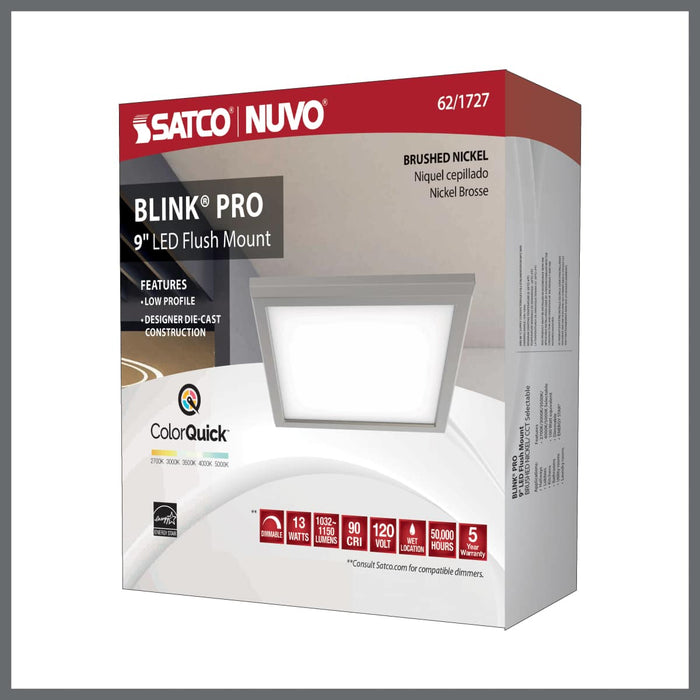 Flush Mount Nuvo 62-1727 Blink Pro - 13W - 9in - LED Fixture - CCT Selectable - Square Shape - Brushed Nickel Finish - 120V Nuvo
