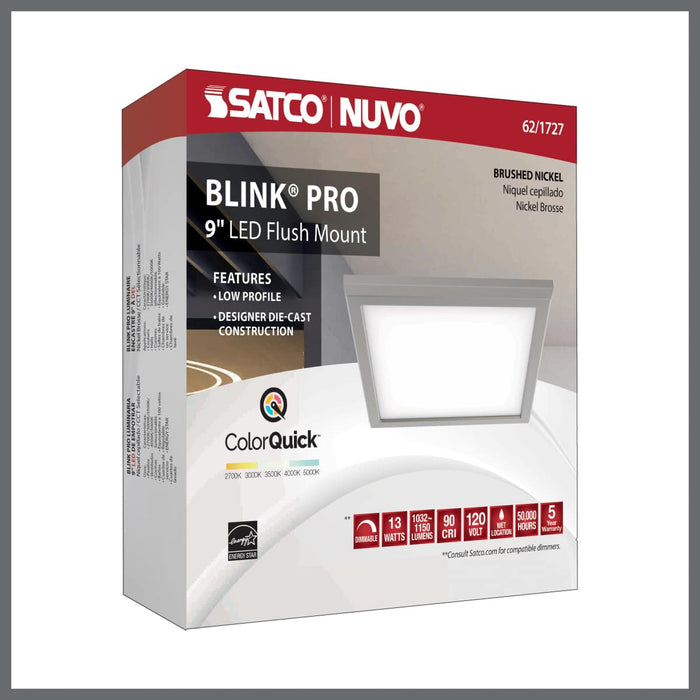 Flush Mount Nuvo 62-1727 Blink Pro - 13W - 9in - LED Fixture - CCT Selectable - Square Shape - Brushed Nickel Finish - 120V Nuvo