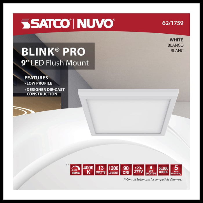 Flush Mount Nuvo 62-1759 BLINK Pro - 13 Watt - 9 Inch LED Fixture - 4000K - Square Shape - White Finish - 120/277 Volts Nuvo