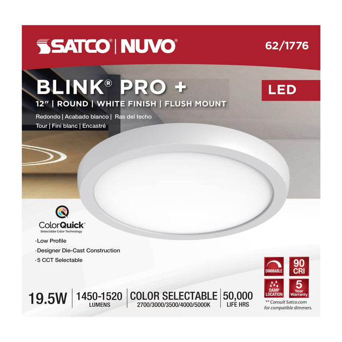 Surface Mount Nuvo 62-1776 Blink Pro Plus - 19.5 Watt - 12 in. - Surface Mount LED - CCT Selectable - 90 CRI - White Finish - 120/277 Volt - Round Shape Nuvo
