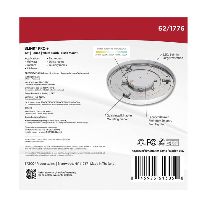 Surface Mount Nuvo 62-1776 Blink Pro Plus - 19.5 Watt - 12 in. - Surface Mount LED - CCT Selectable - 90 CRI - White Finish - 120/277 Volt - Round Shape Nuvo