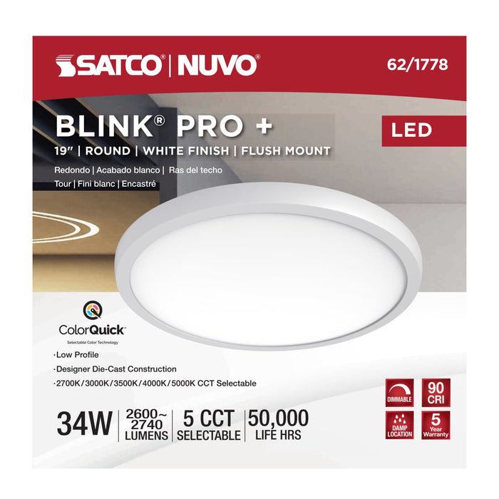 Surface Mount Nuvo 62-1778 Blink Pro Plus - 34 Watt - 19 in. - Surface Mount LED - CCT Selectable - 90 CRI - White Finish - 120/277 Volt - Round Shape Nuvo
