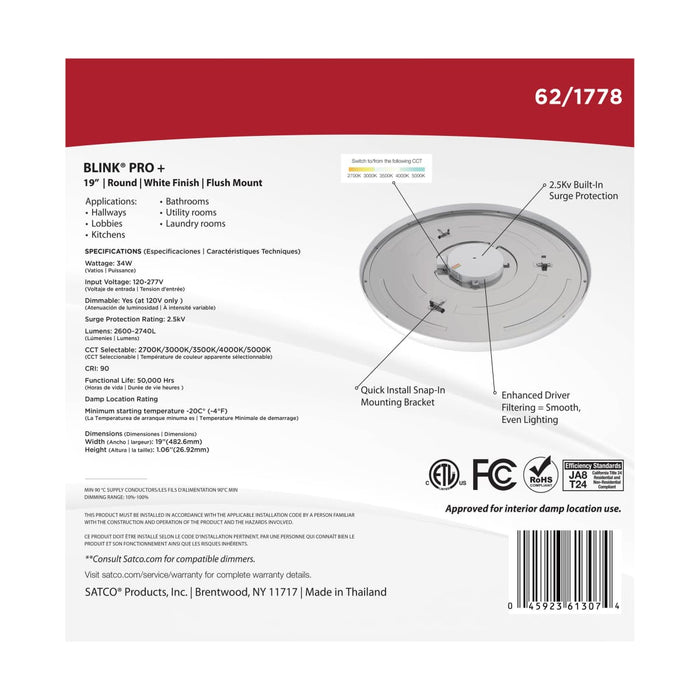 Surface Mount Nuvo 62-1778 Blink Pro Plus - 34 Watt - 19 in. - Surface Mount LED - CCT Selectable - 90 CRI - White Finish - 120/277 Volt - Round Shape Nuvo