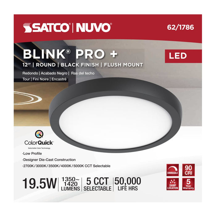 Surface Mount Nuvo 62-1786 Blink Pro Plus - 19.5 Watt - 12 in. - Surface Mount LED - CCT Selectable - 90 CRI - Black Finish - 120/277 Volt - Round Shape Nuvo