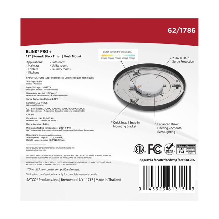 Surface Mount Nuvo 62-1786 Blink Pro Plus - 19.5 Watt - 12 in. - Surface Mount LED - CCT Selectable - 90 CRI - Black Finish - 120/277 Volt - Round Shape Nuvo
