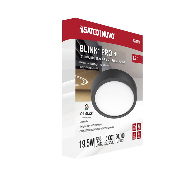 Surface Mount Nuvo 62-1786 Blink Pro Plus - 19.5 Watt - 12 in. - Surface Mount LED - CCT Selectable - 90 CRI - Black Finish - 120/277 Volt - Round Shape Nuvo