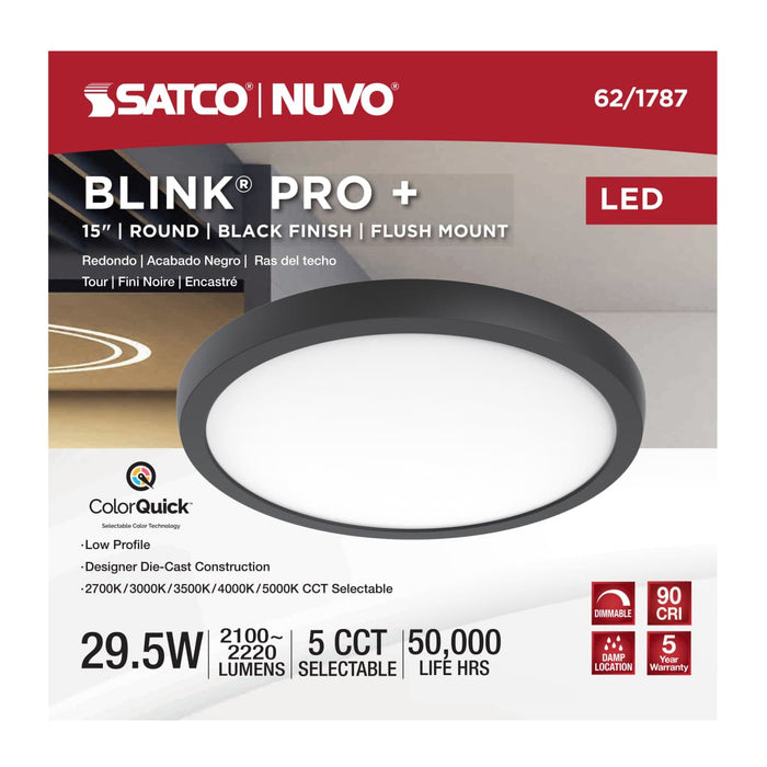 Surface Mount Nuvo 62-1787 Blink Pro Plus - 29.5 Watt - 15 in. - Surface Mount LED - CCT Selectable - 90 CRI - Black Finish - 120/277 Volt - Round Shape Nuvo