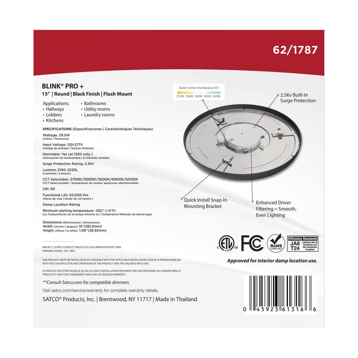 Surface Mount Nuvo 62-1787 Blink Pro Plus - 29.5 Watt - 15 in. - Surface Mount LED - CCT Selectable - 90 CRI - Black Finish - 120/277 Volt - Round Shape Nuvo