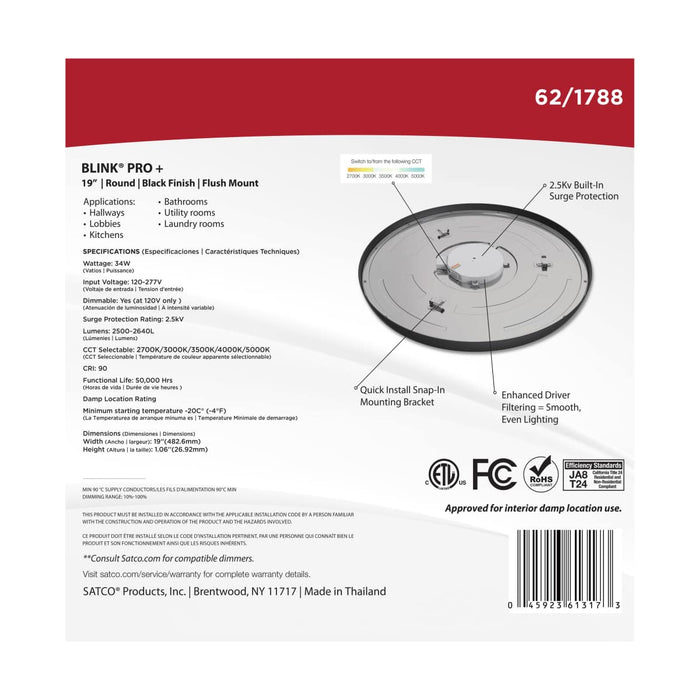 Surface Mount Nuvo 62-1788 Blink Pro Plus - 34 Watt - 19 in. - Surface Mount LED - CCT Selectable - 90 CRI - Black Finish - 120/277 Volt - Round Shape Nuvo