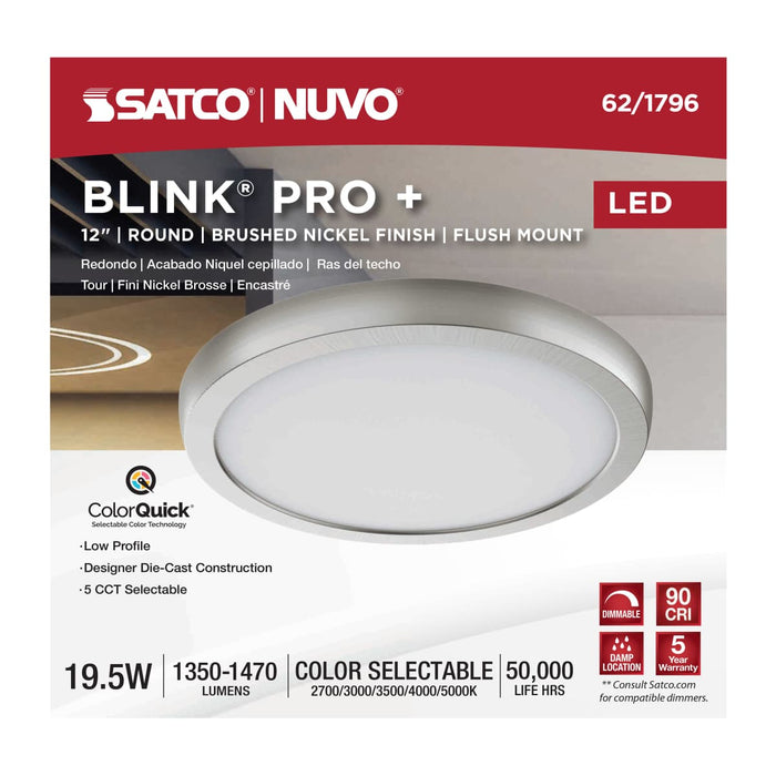 Surface Mount Nuvo 62-1796 Blink Pro Plus - 19.5 Watt - 12 Inch - CCT Selectable - Brushed Nickel Finish 120/277 Volt - Round Nuvo