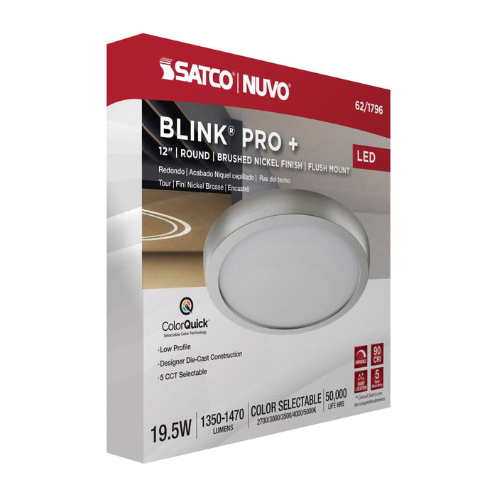 Surface Mount Nuvo 62-1796 Blink Pro Plus - 19.5 Watt - 12 Inch - CCT Selectable - Brushed Nickel Finish 120/277 Volt - Round Nuvo