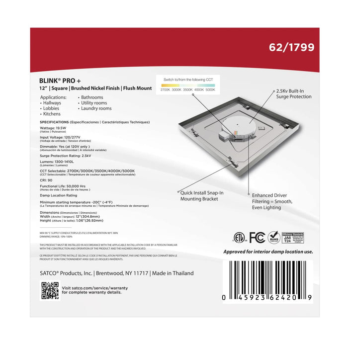 Surface Mount Nuvo 62-1799 Blink Pro Plus - 19.5 Watt - 12 Inch - CCT Selectable - Brushed Nickel Finish - 120/277 Volt - Square Nuvo