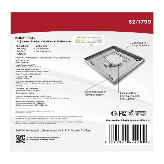Surface Mount Nuvo 62-1799 Blink Pro Plus - 19.5 Watt - 12 Inch - CCT Selectable - Brushed Nickel Finish - 120/277 Volt - Square Nuvo